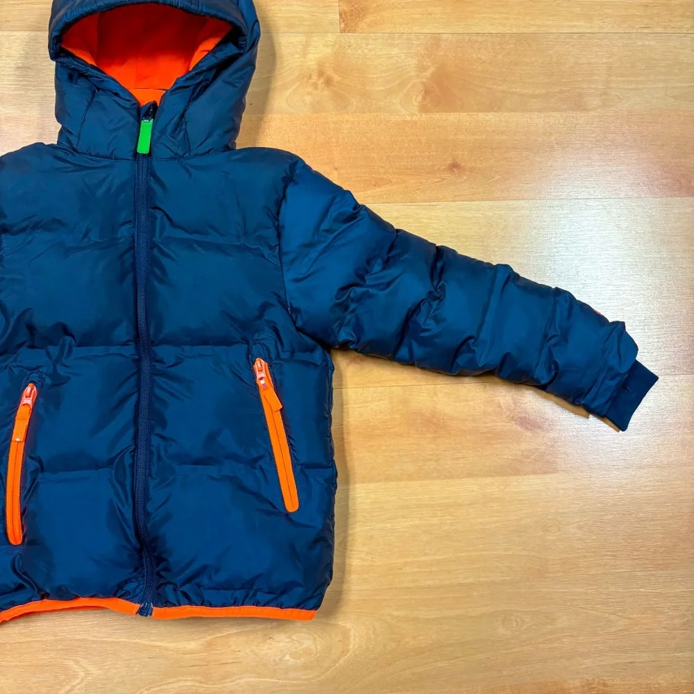 Champion Navy Blue & Orange Fleece Lined Hooded Puffer Jacket Kids XS 4/5